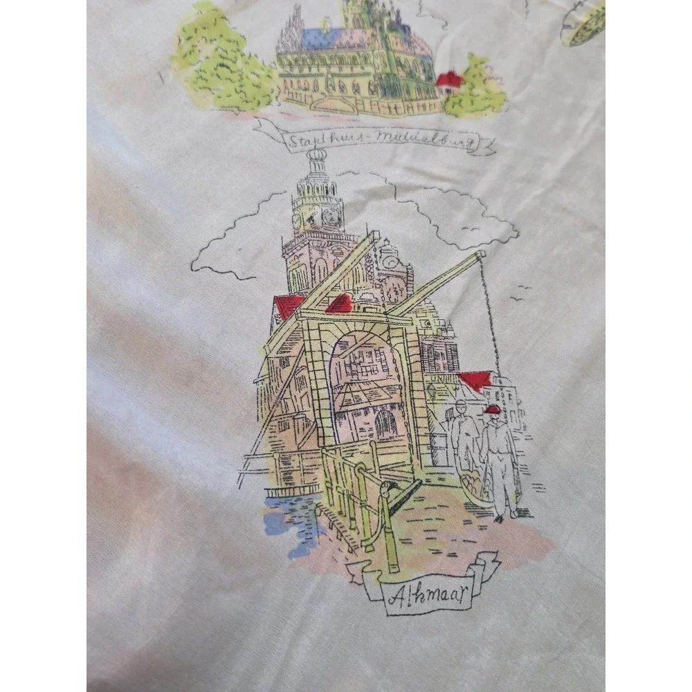 Vintage Souvenir Scarf Holland Windmill Dutch Landmarks Travel Collectible Retro